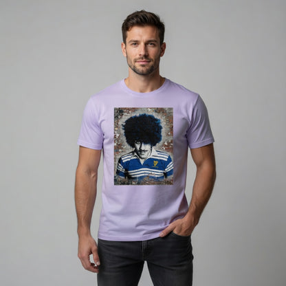 Male model wearing a Rock Poet Leinster Legends t-shirt featuring Phil Lynott in a retro Leinster jersey with brick wall artwork.