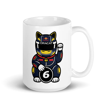 Glossy ceramic mug with a helmeted lucky cat in dark kit and a #6 coin ideal for fans backing a rookie with serious pace.