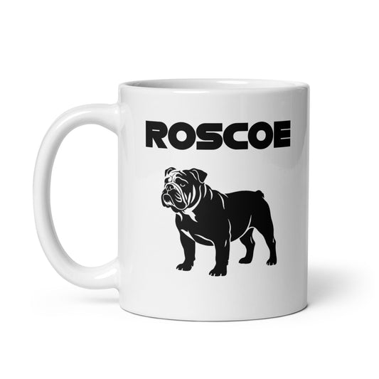 White ceramic 11oz mug featuring a bold black silhouette of a bulldog with the word “ROSCOE” in modern black typography above, inspired by fast dogs.