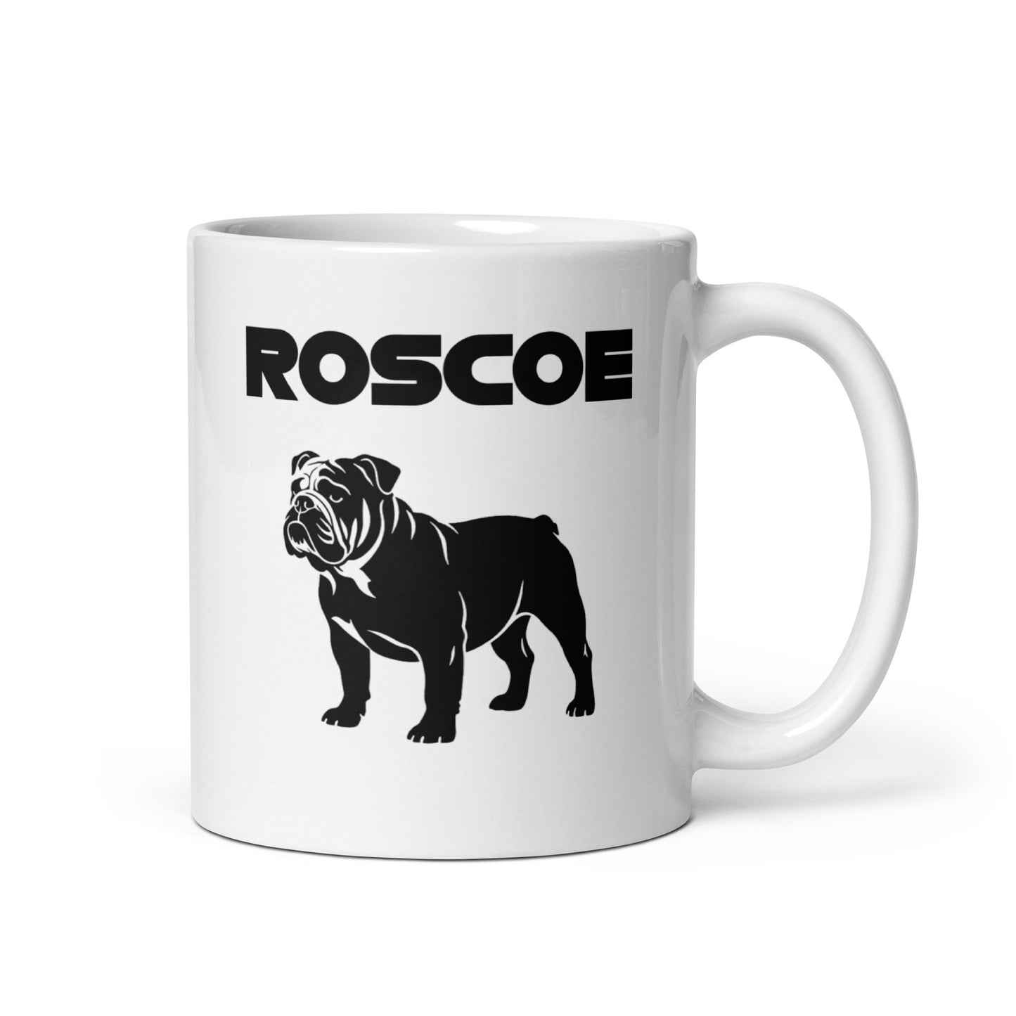 White ceramic 11oz mug featuring a bold black silhouette of a bulldog with the word “ROSCOE” in modern black typography above, inspired by fast dogs.