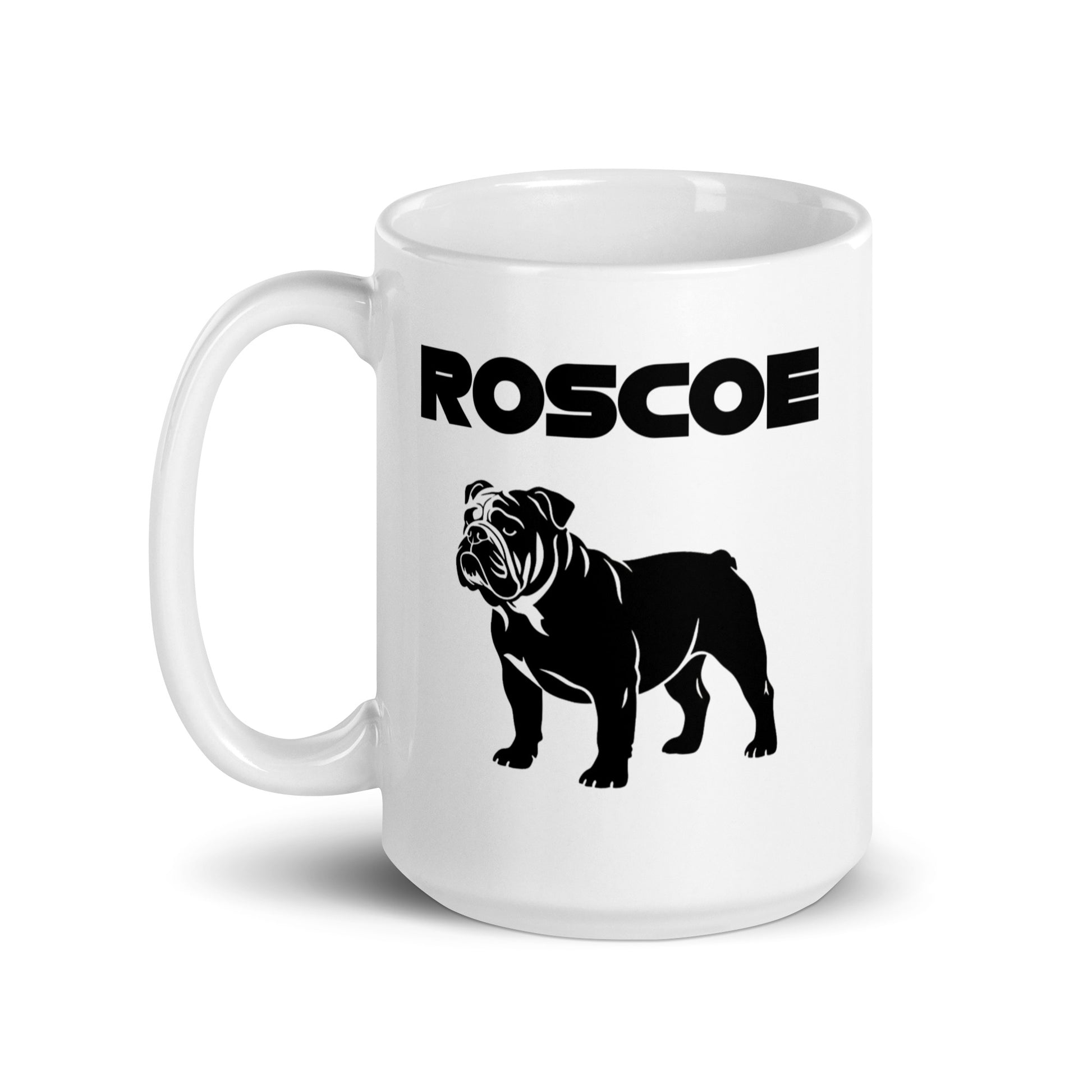 White ceramic 15oz mug featuring a bold black silhouette of a bulldog with the word “ROSCOE” in modern black typography above, inspired by fast dogs.