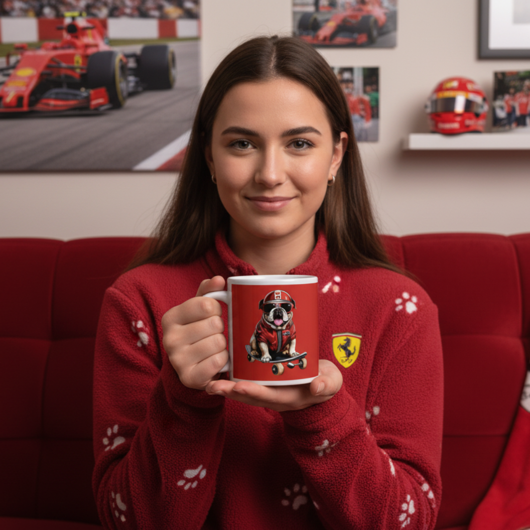 Female F1 fan in Ferrari or dog-themed homewear, clearly holding the Roscoe Hamilton Skateboarding Mug with the design facing the camera, relaxing on the sofa with Ferrari or motorsport décor in the background.
