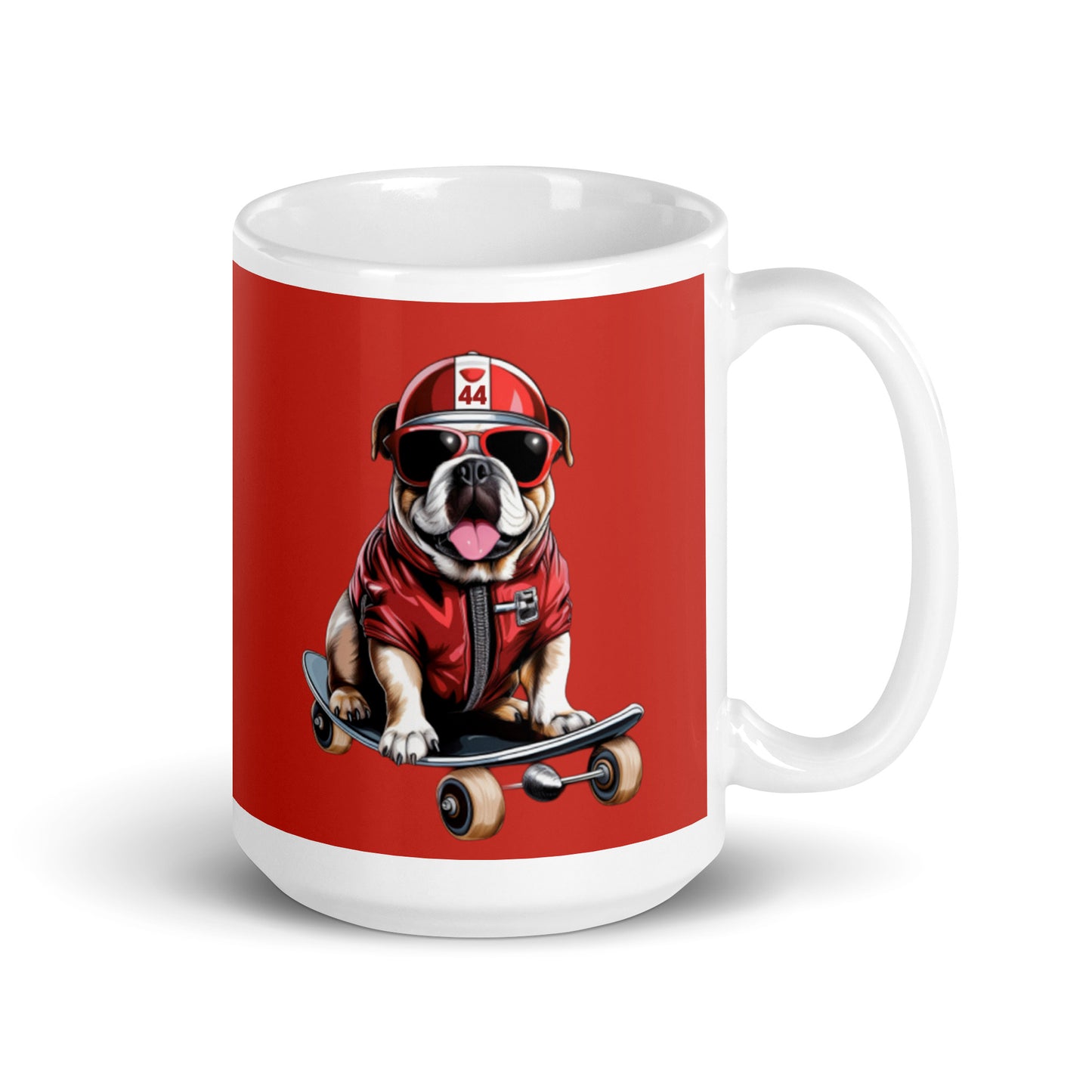 White ceramic 15oz mug with a bold red background featuring a playful illustration of Roscoe, a bulldog in Ferrari red jacket, sunglasses, and a racing helmet with the number 44, riding a skateboard, inspired by Lewis Hamilton’s famous F1 dog.