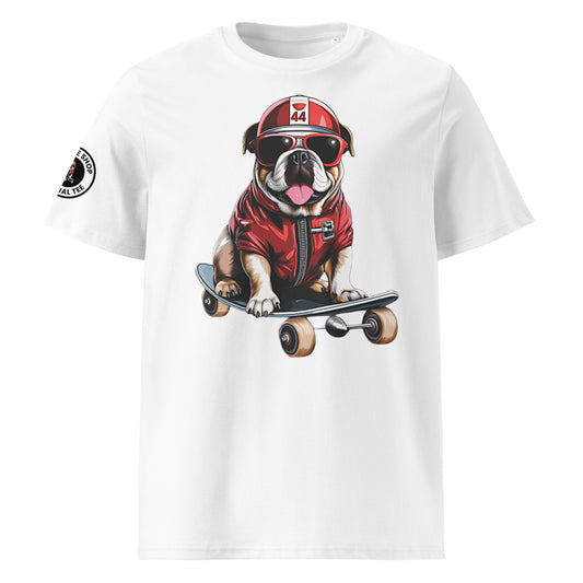 Front view of Roscoe Hamilton Skateboarding T-Shirt featuring a cartoon bulldog in red racing gear and sunglasses riding a skateboard.