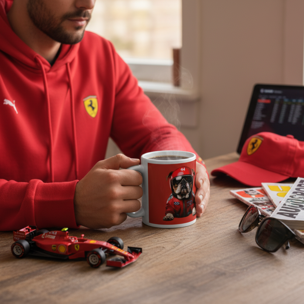 Male fan in race day loungewear, drinking from the Roscoe Racing Dog Mug at home, with racing memorabilia in the background.