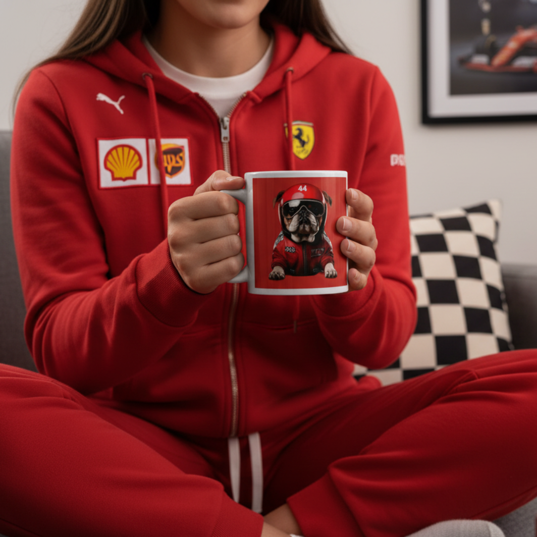 Female fan in race homewear, enjoying a hot drink from the Roscoe Racing Dog Mug while relaxing on the sofa with motorsport décor in the background.