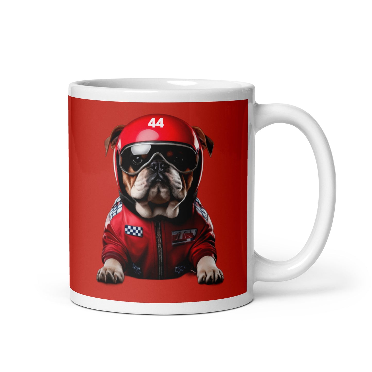 White ceramic 11oz mug with a bold red background featuring a playful illustration of Roscoe, a bulldog in a red racing jacket, sunglasses, and a helmet, inspired by fast dogs.