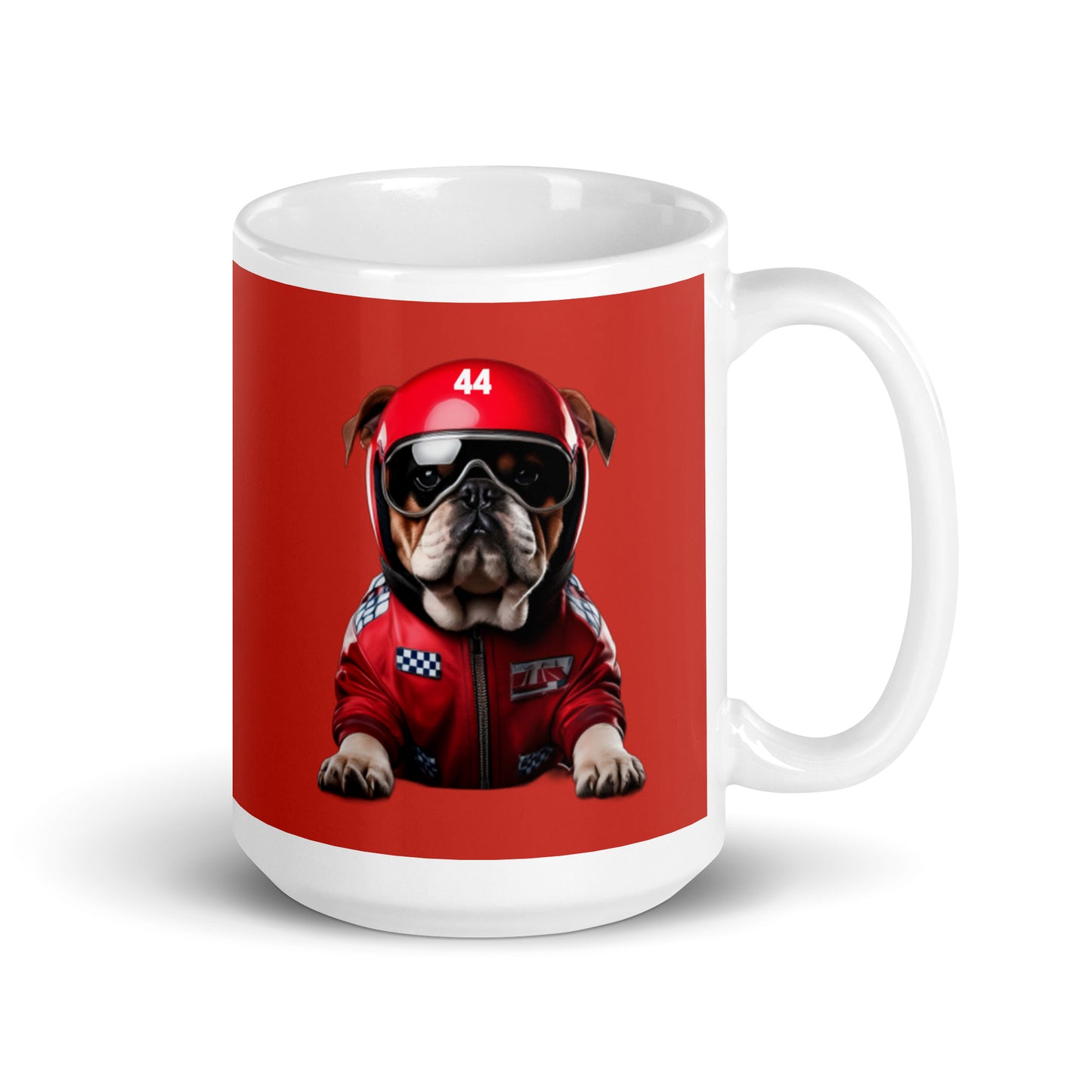 White ceramic 15oz mug with a bold red background featuring a playful illustration of Roscoe, a bulldog in a red racing jacket, sunglasses, and a helmet with the number 44, inspired by fast dogs.