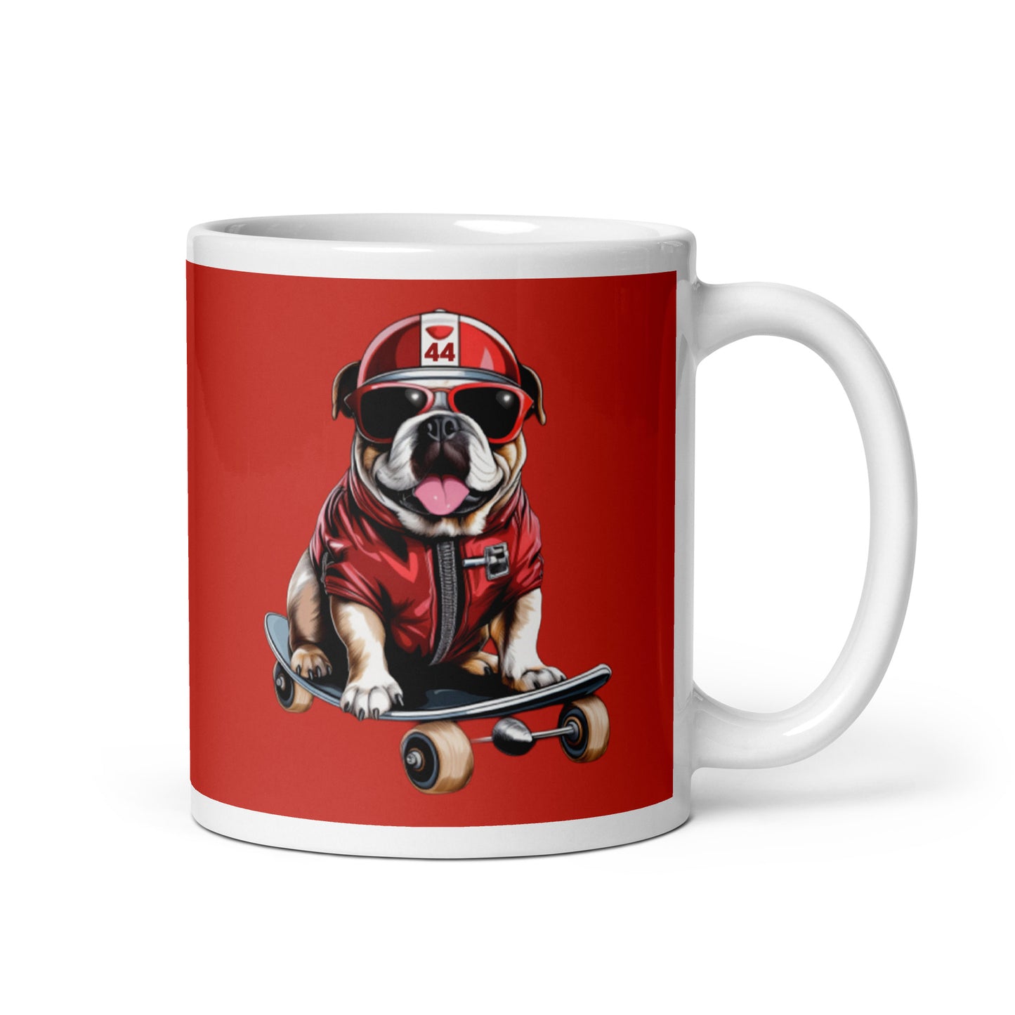 White ceramic 11oz mug with a bold red background featuring a playful illustration of Roscoe, a bulldog in a red jacket, sunglasses, and a racing helmet, riding a skateboard, inspired by fast dogs.