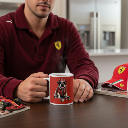 Male racing fan in race loungewear, drinking from the Roscoe Skateboarding Mug at home, with racing memorabilia in the background.