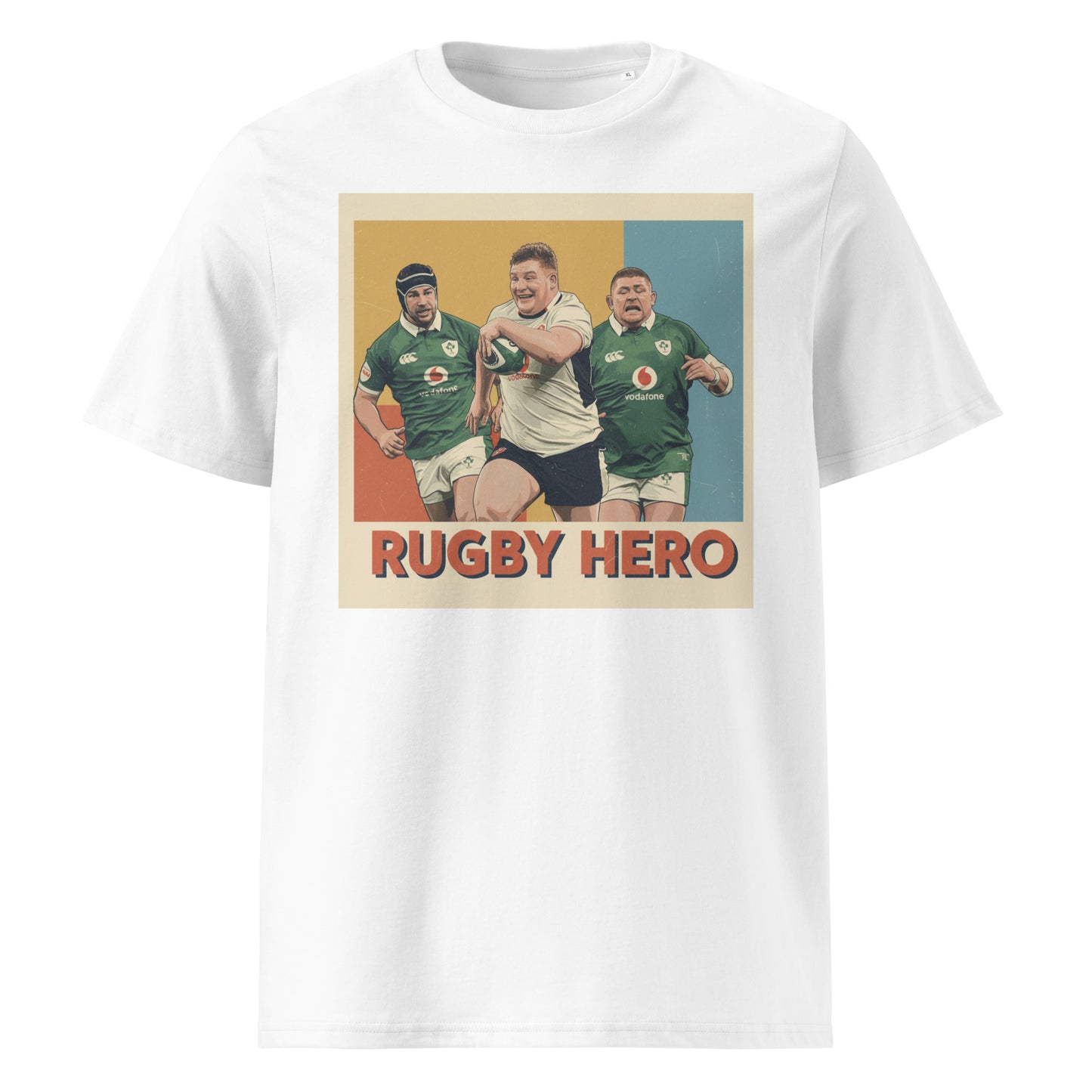 White rugby fan t-shirt featuring Rhys Carré scoring his famous try against Ireland, with Rugby Hero in bold text below.