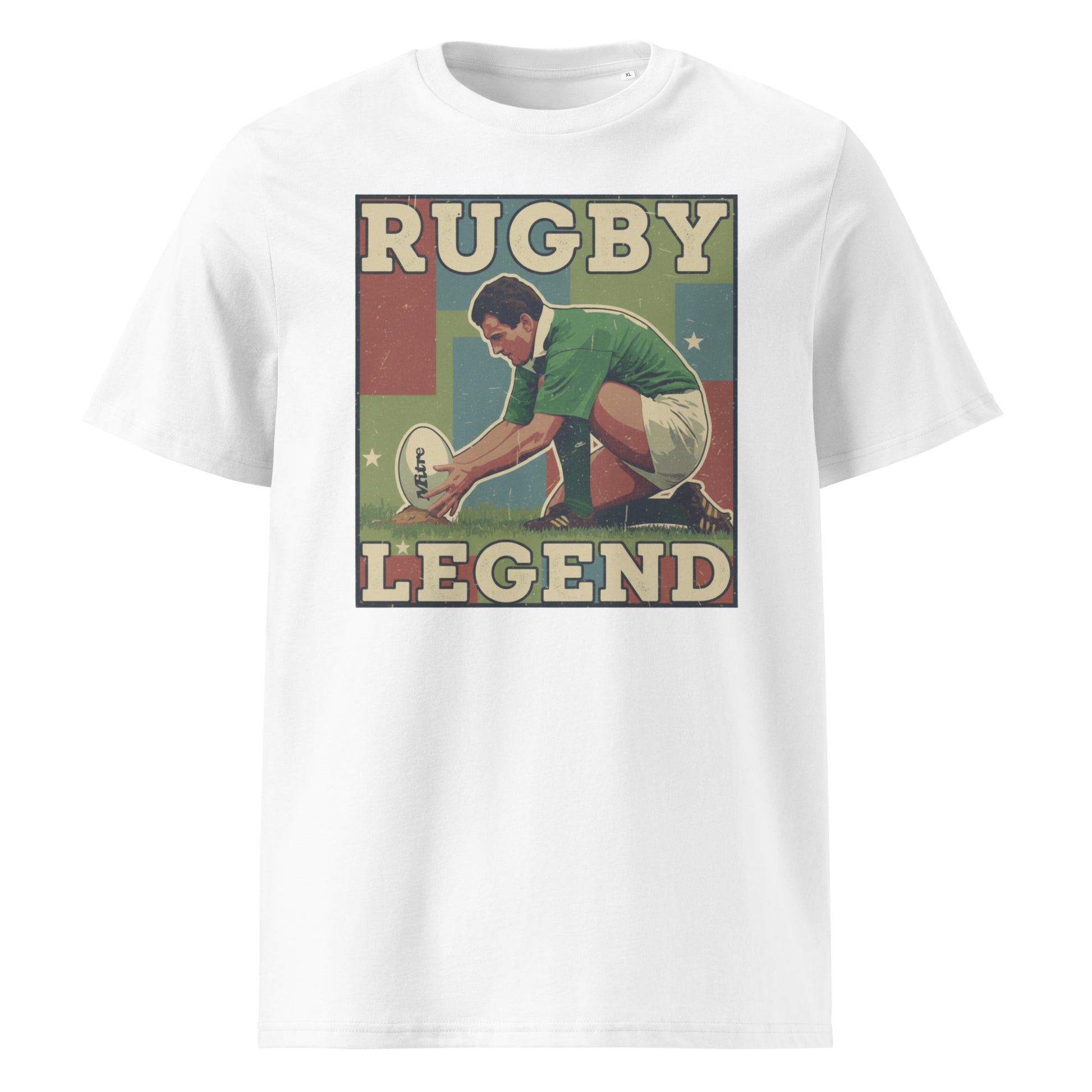 White rugby t-shirt featuring a vintage-style illustration of Eric Elwood in a kicking pose with Rugby Legend text above and below