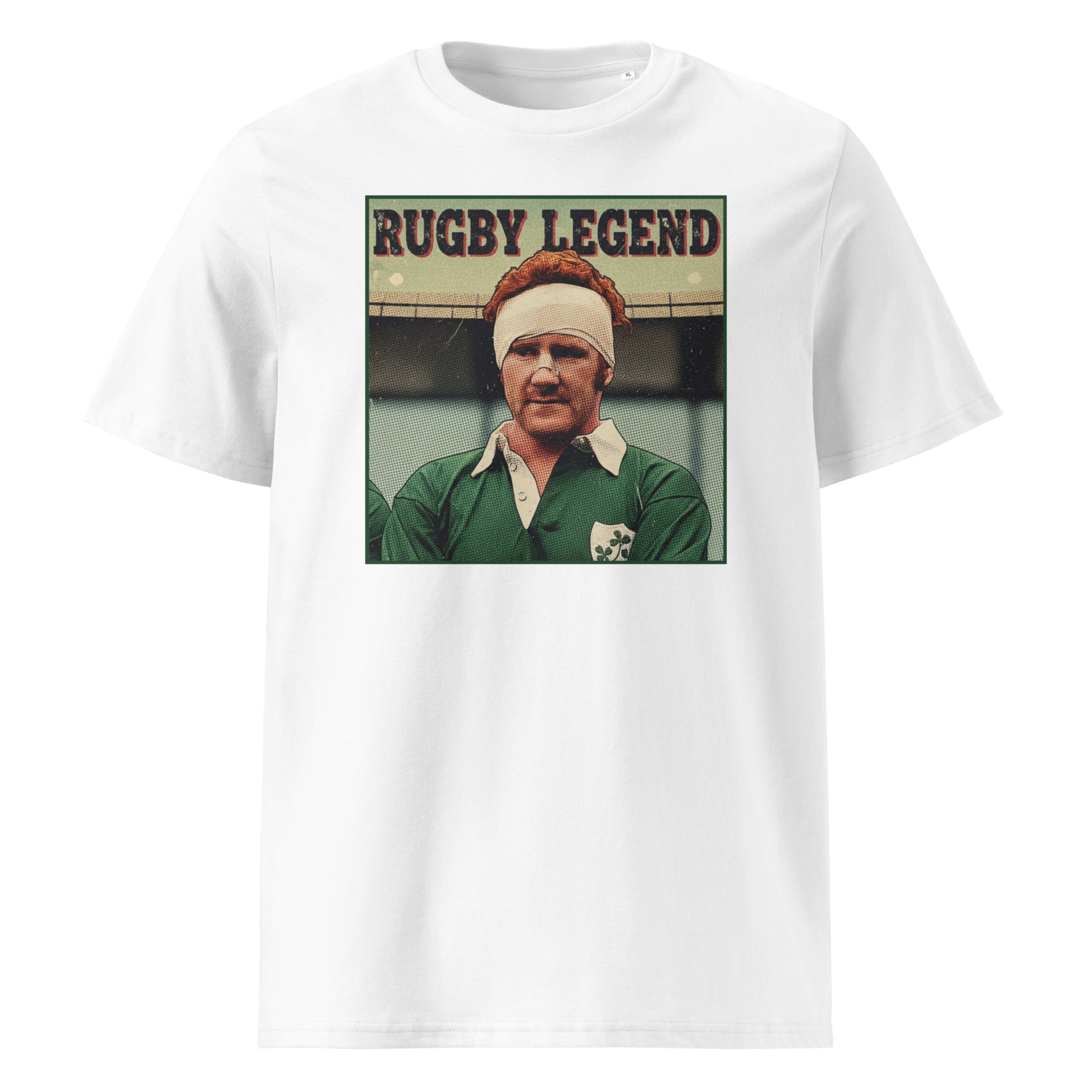 White rugby t-shirt featuring a vintage-style portrait of Gerry Ginger McLoughlin with Rugby Legend text aboveProduct mockup