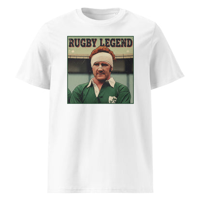 White rugby t-shirt featuring a vintage-style portrait of Gerry Ginger McLoughlin with Rugby Legend text aboveProduct mockup