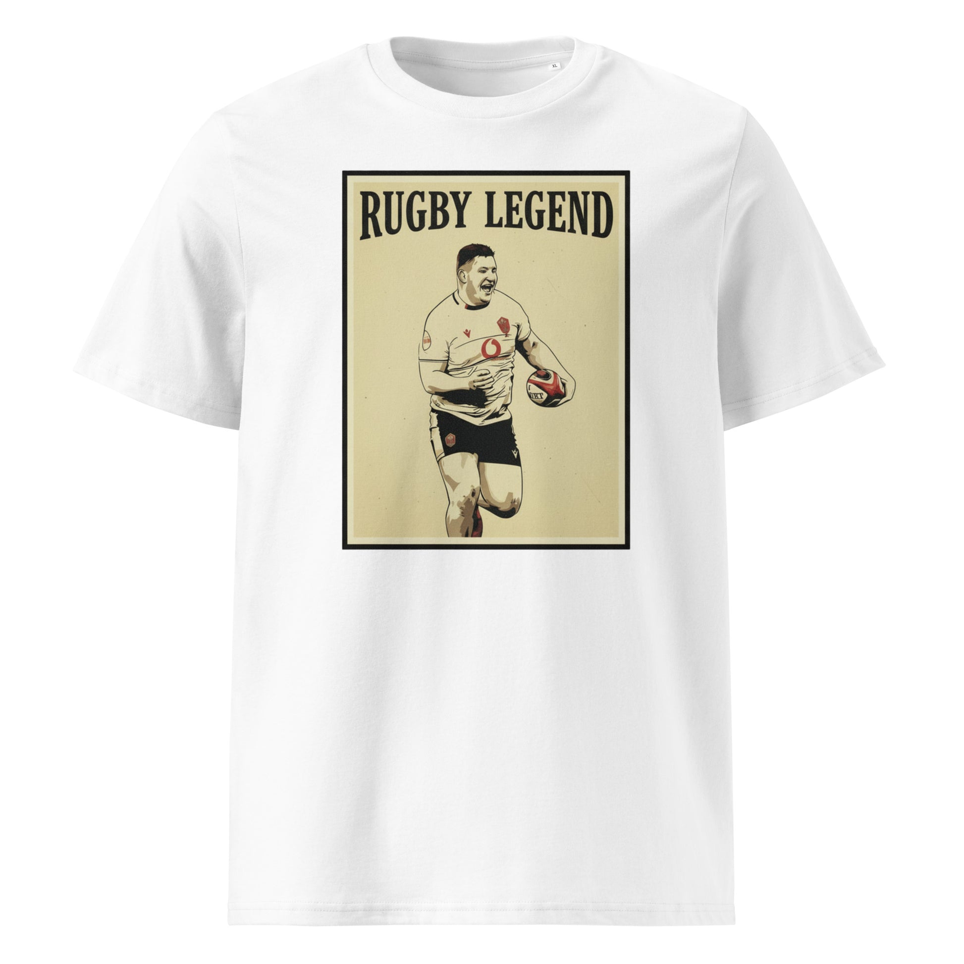 White rugby t-shirt featuring a framed vintage-style illustration of Rhys Carré running with the ball and Rugby Legend text above