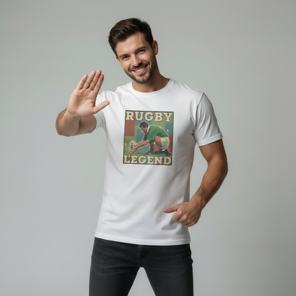 Male model doing Drake Hotline Bling dance pose wearing white Rugby Legend graphic t-shirt on light grey studio background