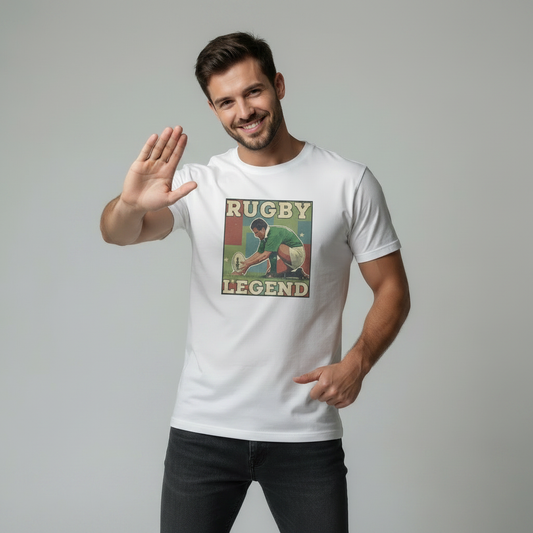 Male model doing Drake Hotline Bling dance pose wearing white Rugby Legend graphic t-shirt on light grey studio background