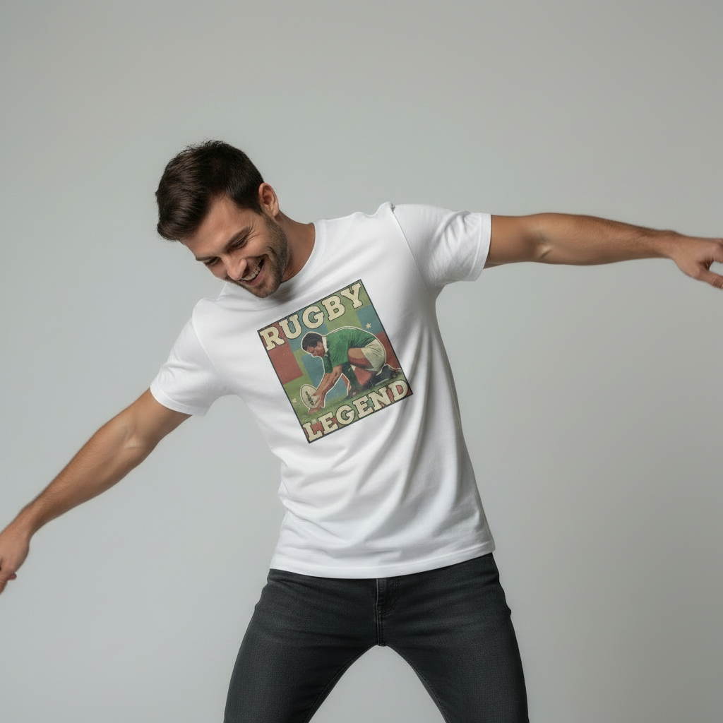 Male model in extreme headbanger windmill pose with motion blur wearing white Rugby Legend graphic t-shirt on light grey studio background