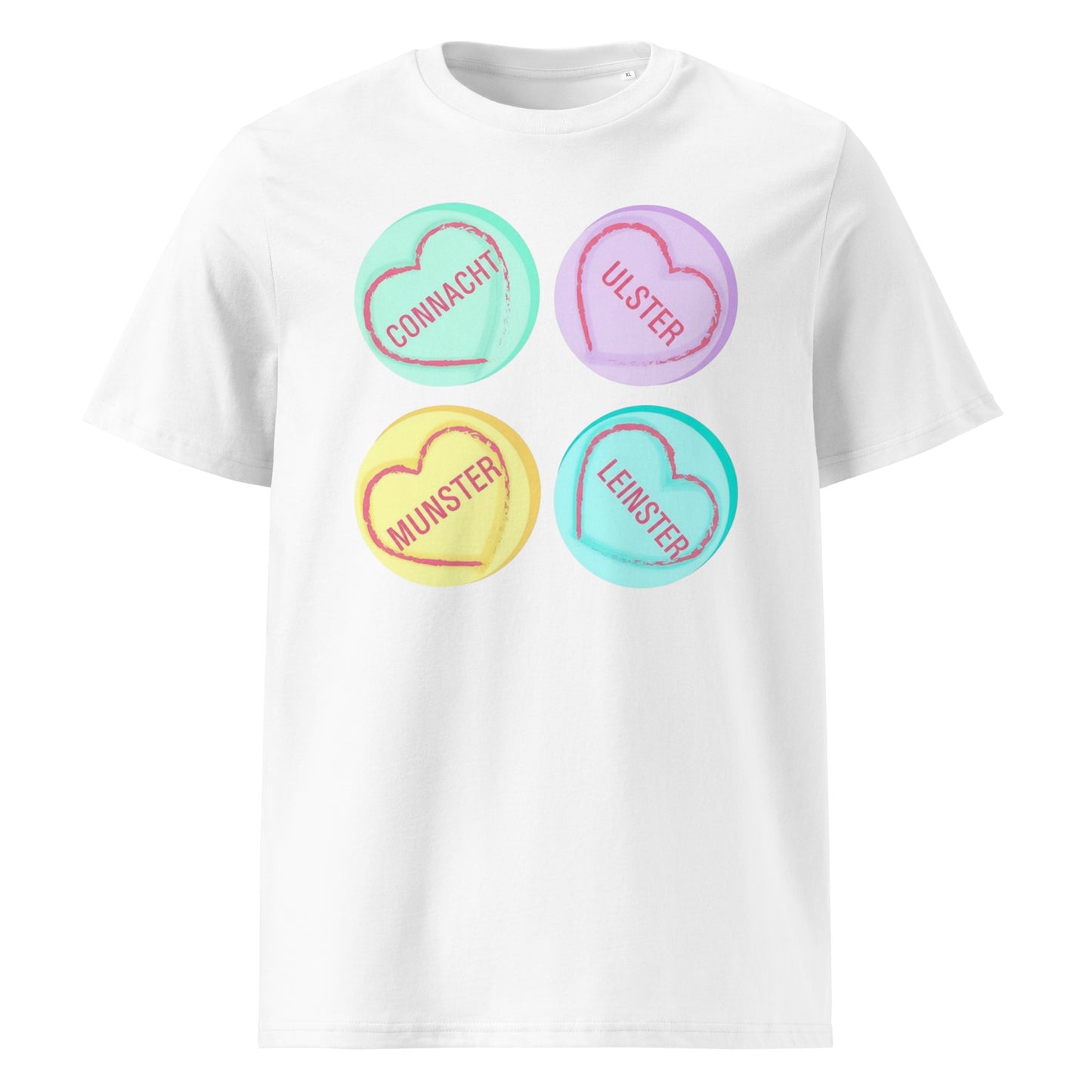 White unisex t‑shirt with pastel love-heart graphics reading Connacht, Ulster, Munster and Leinster