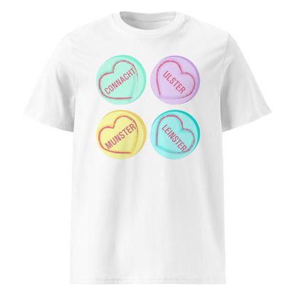 White unisex t‑shirt with pastel love-heart graphics reading Connacht, Ulster, Munster and Leinster