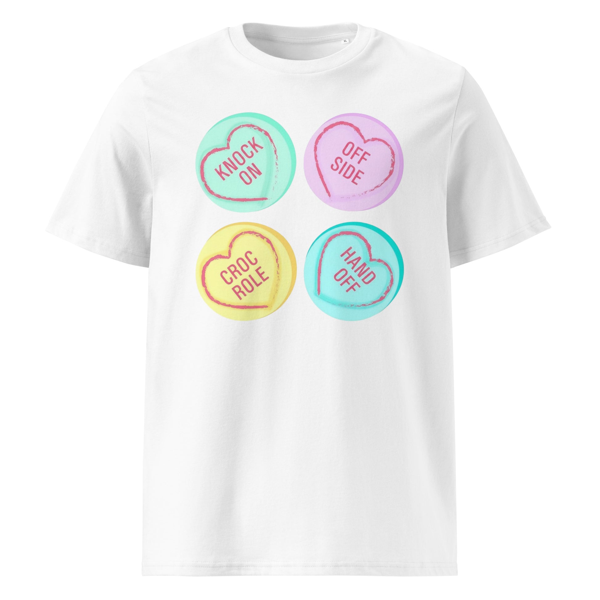 White unisex t‑shirt with pastel love-heart graphics reading Knock On, Off Side, Croc Roll and Hand Off