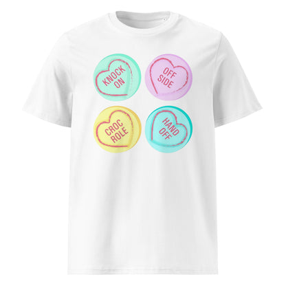 White unisex t‑shirt with pastel love-heart graphics reading Knock On, Off Side, Croc Roll and Hand Off