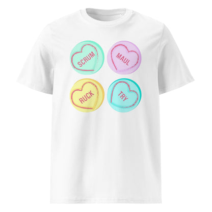 White unisex t‑shirt with pastel love-heart graphics reading Scrum, Maul, Ruck and Try