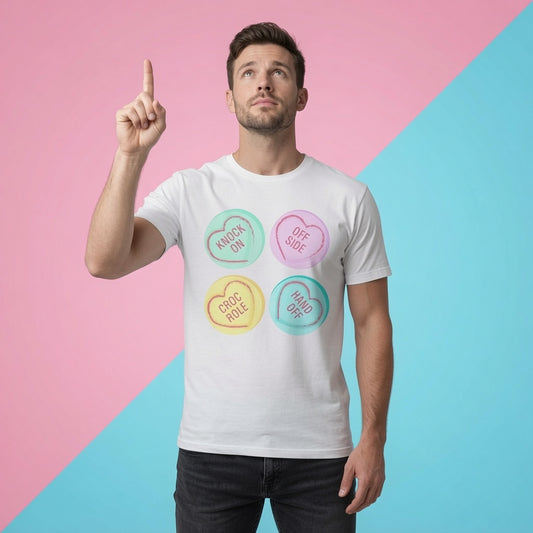 Male model wearing a white Rugby Love Hearts t‑shirt with pastel hearts reading Knock On, Off Side, Croc Roll and Hand Off