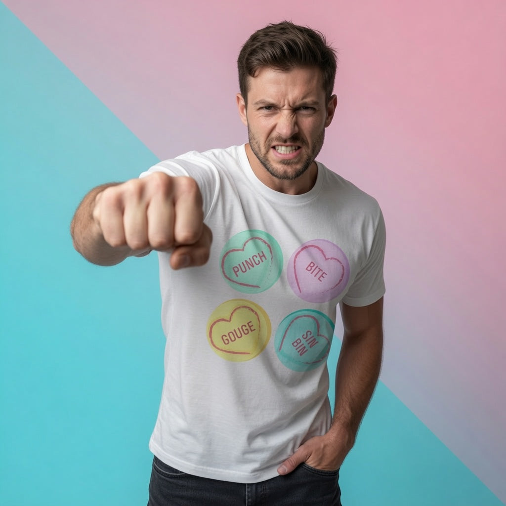 Male model wearing a white Rugby Love Hearts t‑shirt with pastel hearts reading Punch, Bite, Gouge and Sin Bin