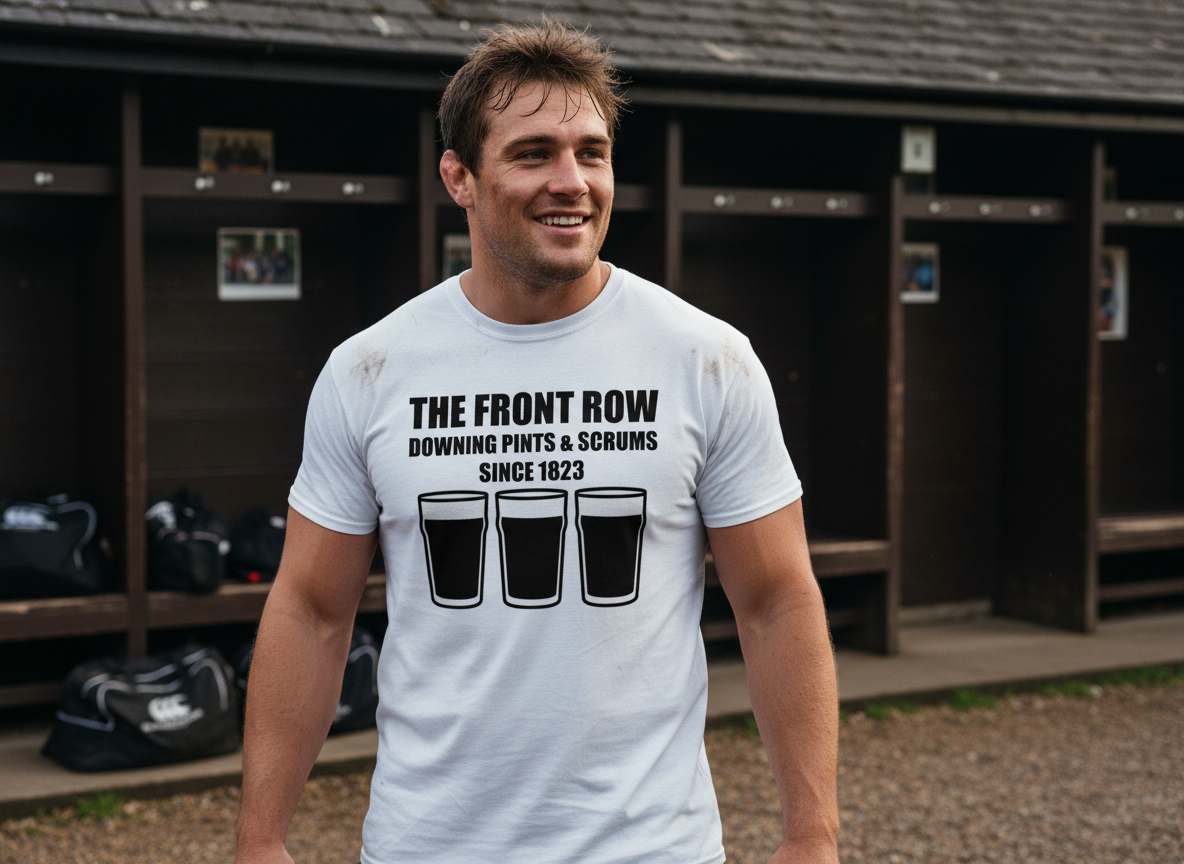 Rugby prop wearing a white front row rugby t-shirt with "The Front Row Downing Pints & Scrums Since 1823" slogan and three pint graphics, smiling outside a UK rugby club changing rooms and pavilion.