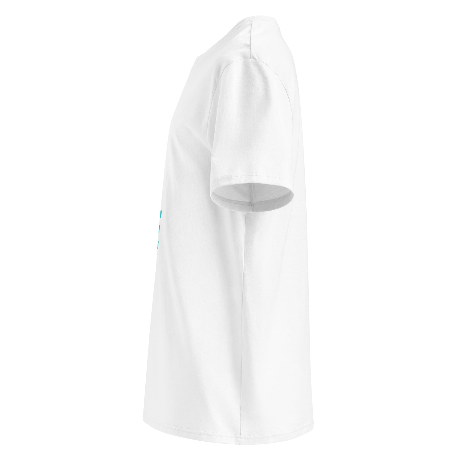 Left side view of white unisex t-shirt, plain sleeve, visible side of the colourful “SHUT UP AND DRIVE” chest print. Minimalist, car meet fan style.
