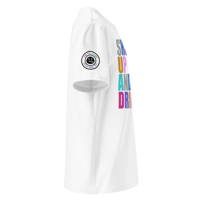 Right side view of white t-shirt showing The Tee Shop’s unique zip it logo on the sleeve and edge of the multi-colour “SHUT UP AND DRIVE” front print. DTF print, car meet banter style.