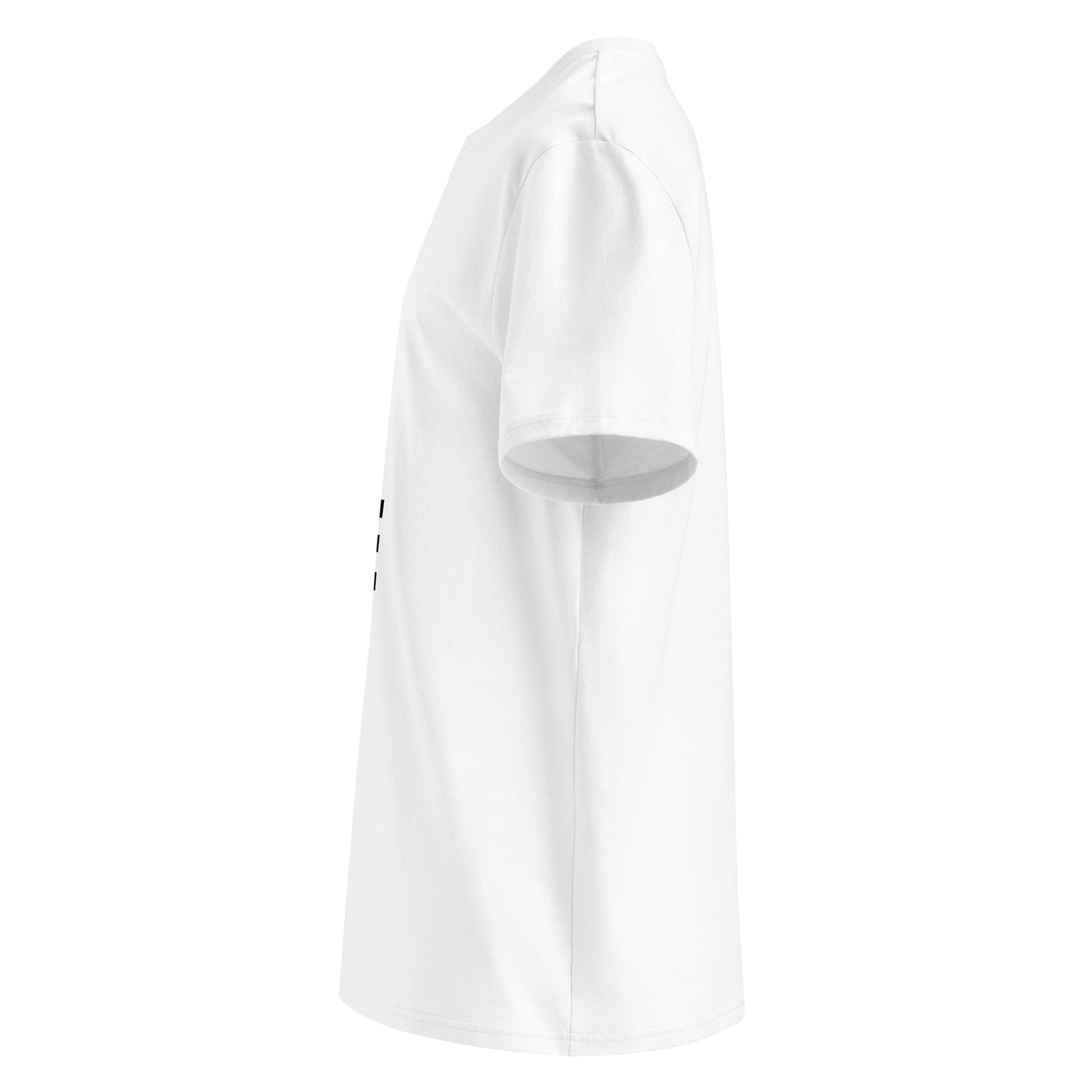 Left side view of white unisex t-shirt, plain sleeve, visible side of the black “SHUT UP AND DRIVE” chest print. Minimalist, car meet fan style.

