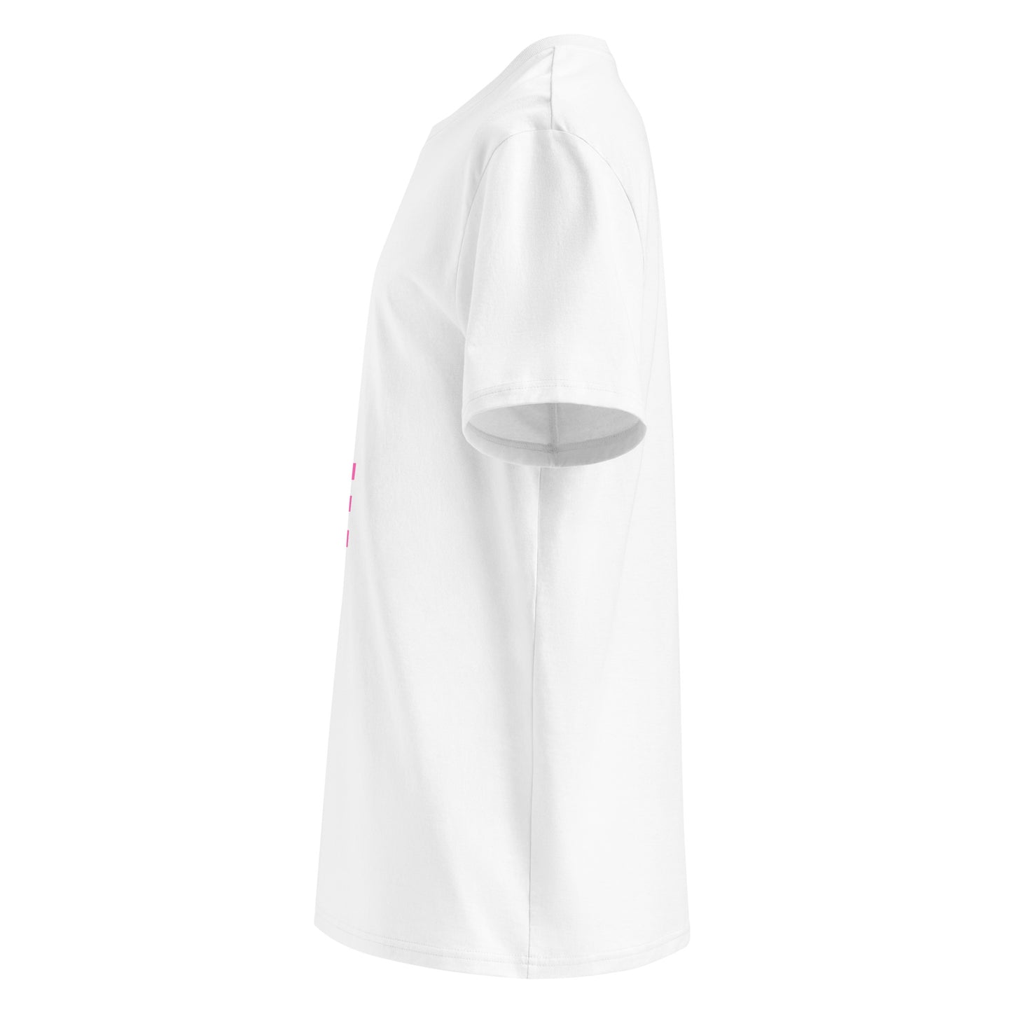 Left side view of white unisex t-shirt, plain sleeve, visible side of the pink “SHUT UP AND DRIVE” chest print. Minimalist, car meet fan style.
