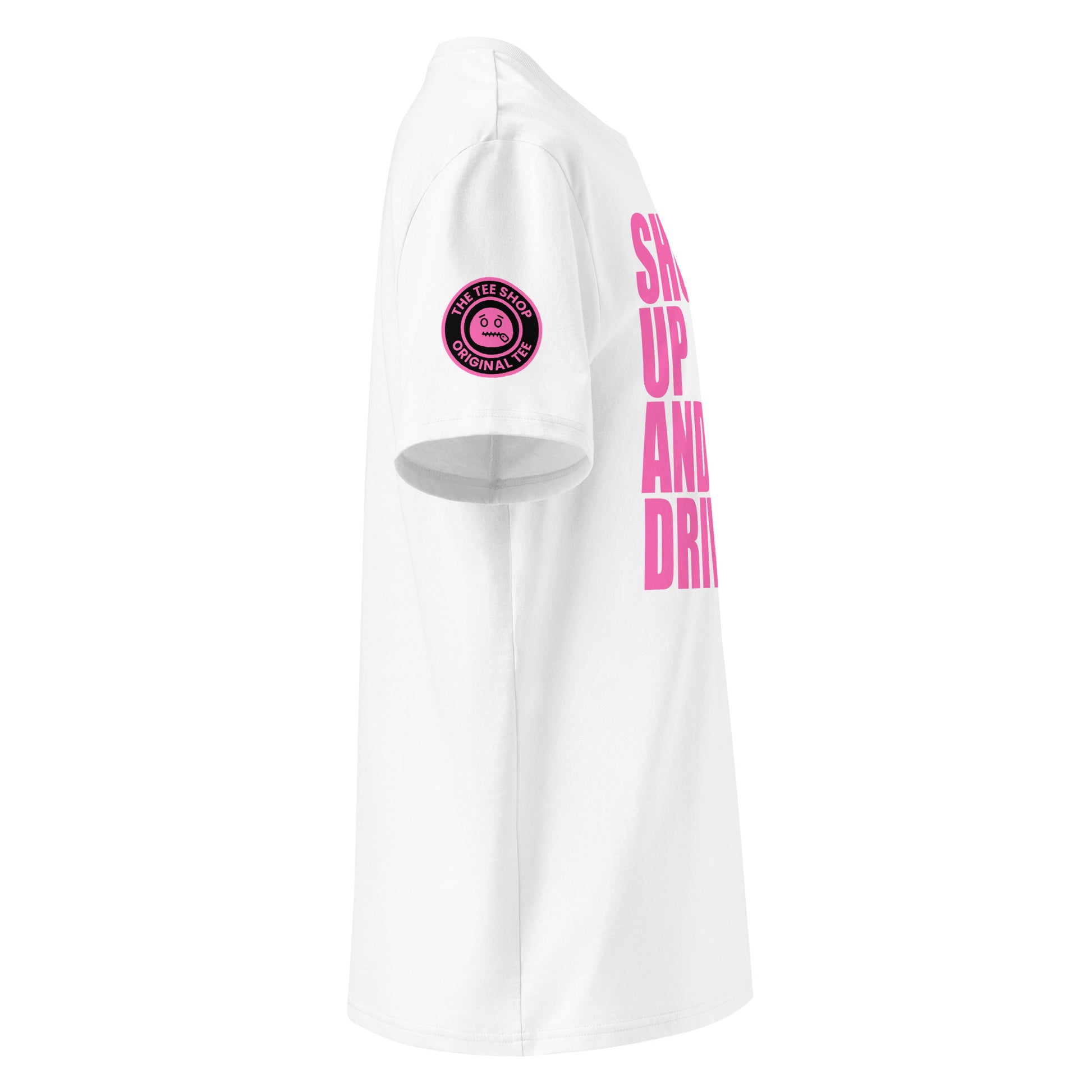 Right side view of white t-shirt showing The Tee Shop’s unique zip it logo on the sleeve and edge of the pink “SHUT UP AND DRIVE” front print. DTF print, car meet banter style.