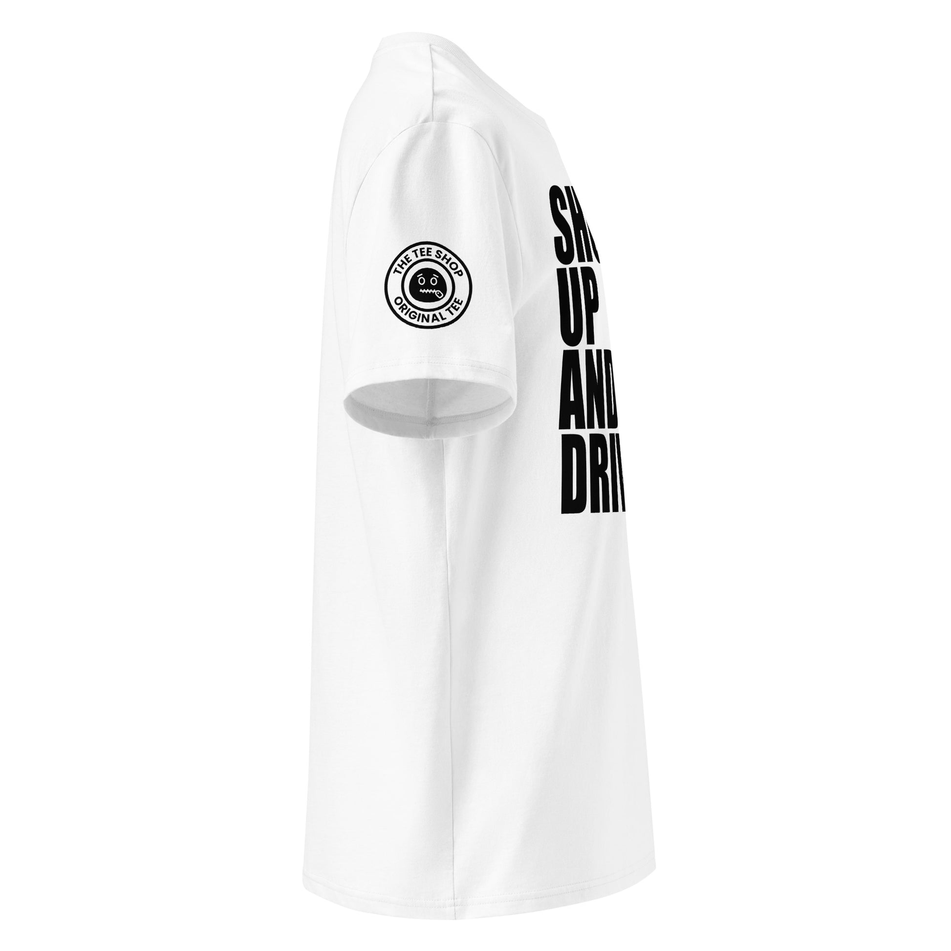 Right side view of white t-shirt showing The Tee Shop’s unique zip it logo on the sleeve and edge of the bold “SHUT UP AND DRIVE” front print. DTF print, car meet banter style.