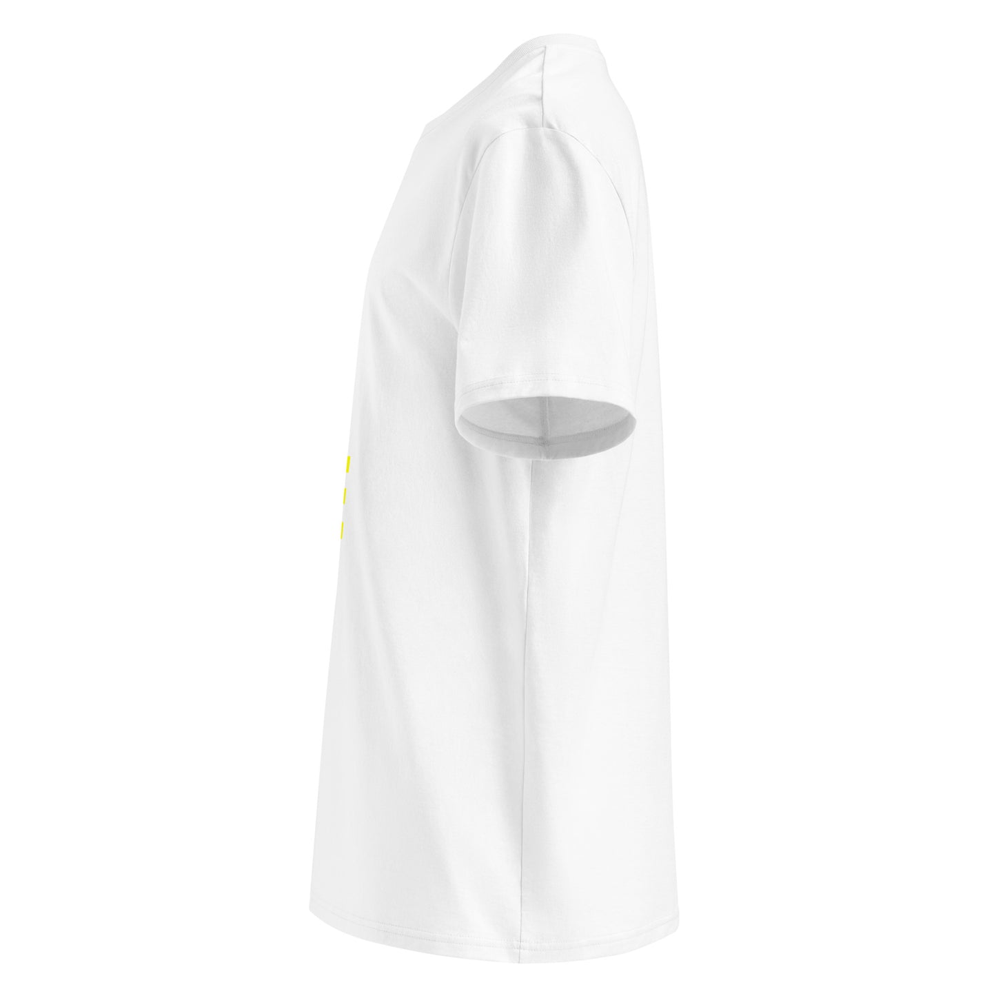 Left side view of white unisex t-shirt, plain sleeve, visible side of the yellow “SHUT UP AND DRIVE” chest print. Minimalist, car meet fan style.
