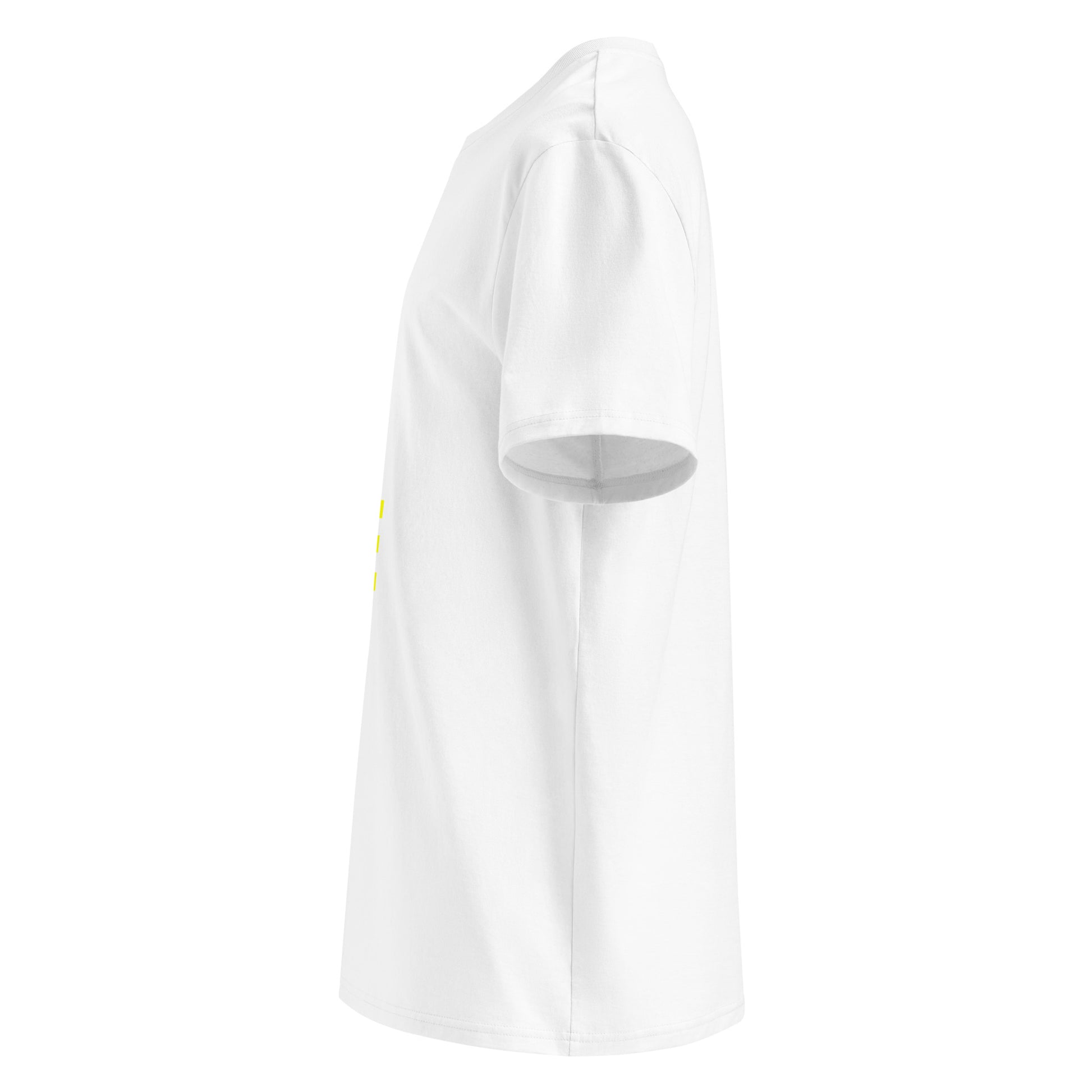 Left side view of white unisex t-shirt, plain sleeve, visible side of the yellow “SHUT UP AND DRIVE” chest print. Minimalist, car meet fan style.
