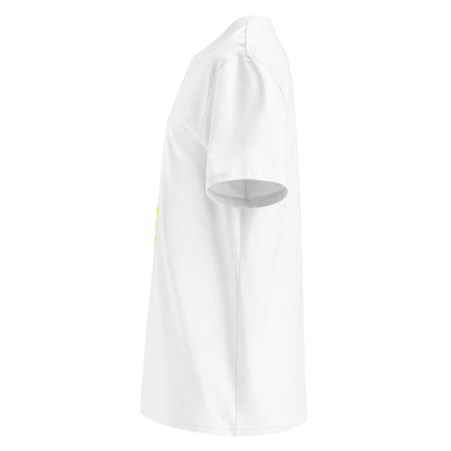 Left side view of white unisex t-shirt, plain sleeve, visible side of the yellow “SHUT UP AND DRIVE” chest print. Minimalist, car meet fan style.
