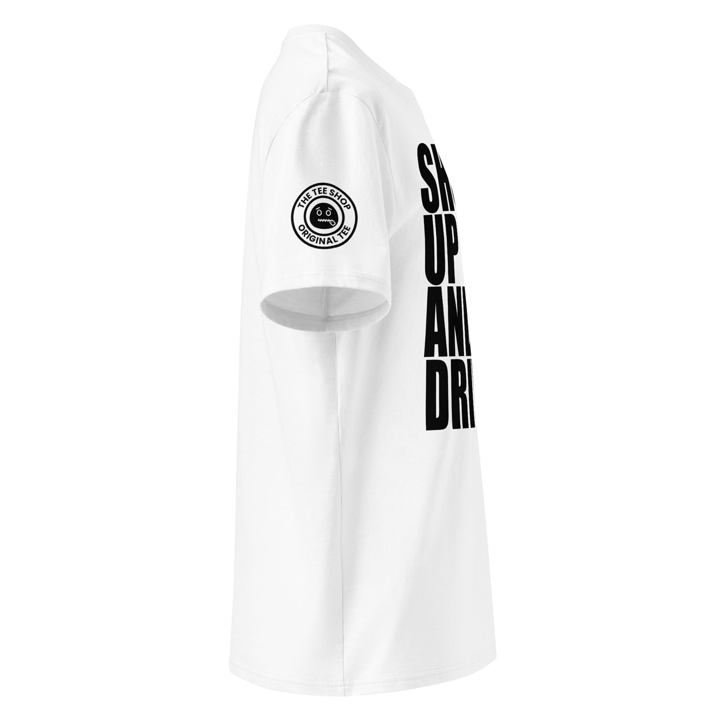See the right view of the "SHUT UP AND DRIVE" White T-Shirt, featuring TheTeeShop logo. Ideal for car meets and automotive events!