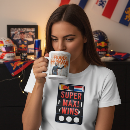 Female model in SUPER MAX WINS pit board t-shirt sipping from the Franz Hermann Graffiti Mug, with Verstappen memorabilia and F1 decor.