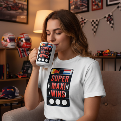 Female model in SUPER MAX WINS pit board t-shirt sipping from the SUPER MAX! WINS Mug, surrounded by Verstappen memorabilia and F1 decor.