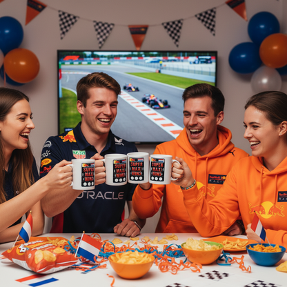 Group of Verstappen fans, some in Max Series or SUPER MAX WINS t-shirts, others in Red Bull apparel, all holding SUPER MAX! WINS Mugs at a lively race day party.
