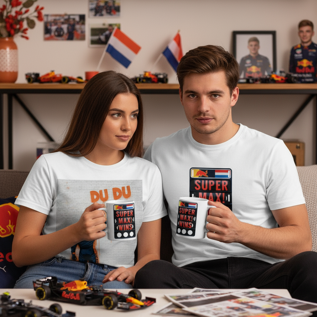 Couple wearing Max Series DU DU DU DU and SUPER MAX WINS t-shirts, both holding the SUPER MAX! WINS Mug in a cosy, F1-inspired living room.