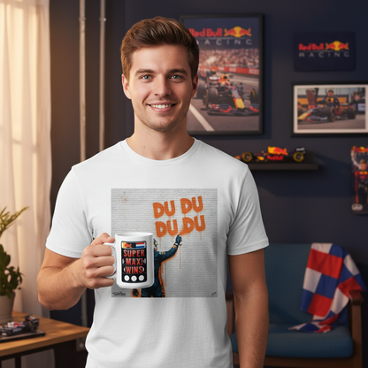 Male model in Max T-Shirt holding the SUPER MAX! WINS Mug with pit board design in a Red Bull Racing-themed home.