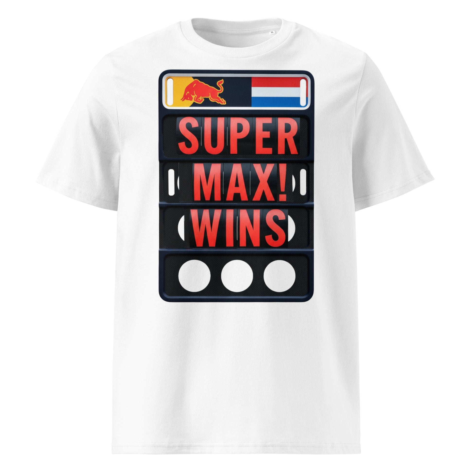 SUPER MAX! WINS pit board t-shirt front – Max Verstappen Monza celebration graphic, Red Bull logo, Dutch flag