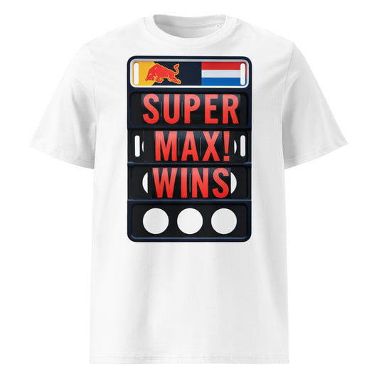 SUPER MAX! WINS pit board t-shirt front – Max Verstappen Monza celebration graphic, Red Bull logo, Dutch flag