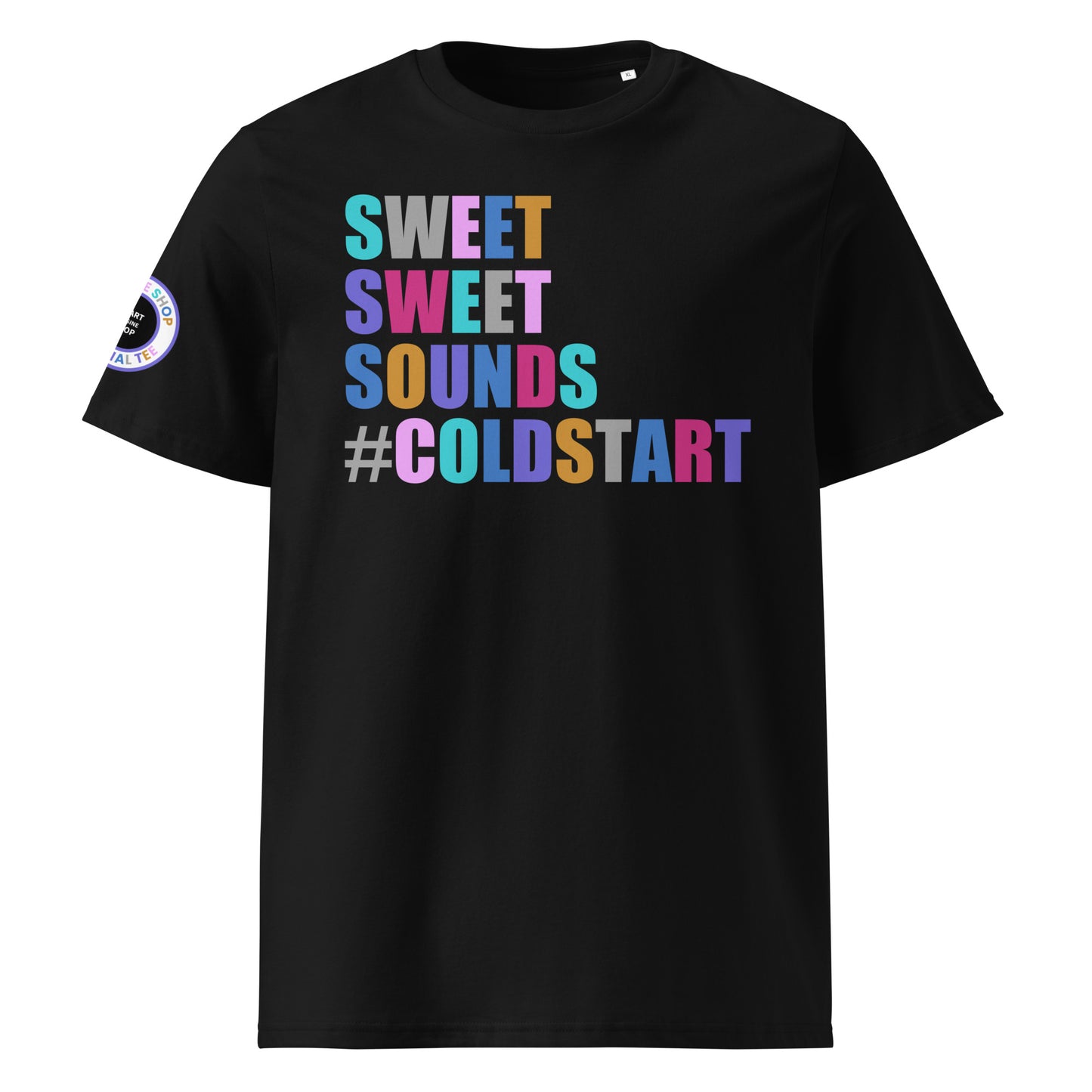 Front view of black unisex t-shirt with “SWEET SWEET SOUNDS #COLDSTART” slogan in multi-colour harlequin print. DTF print, perfect for cold start fans and car meet culture.