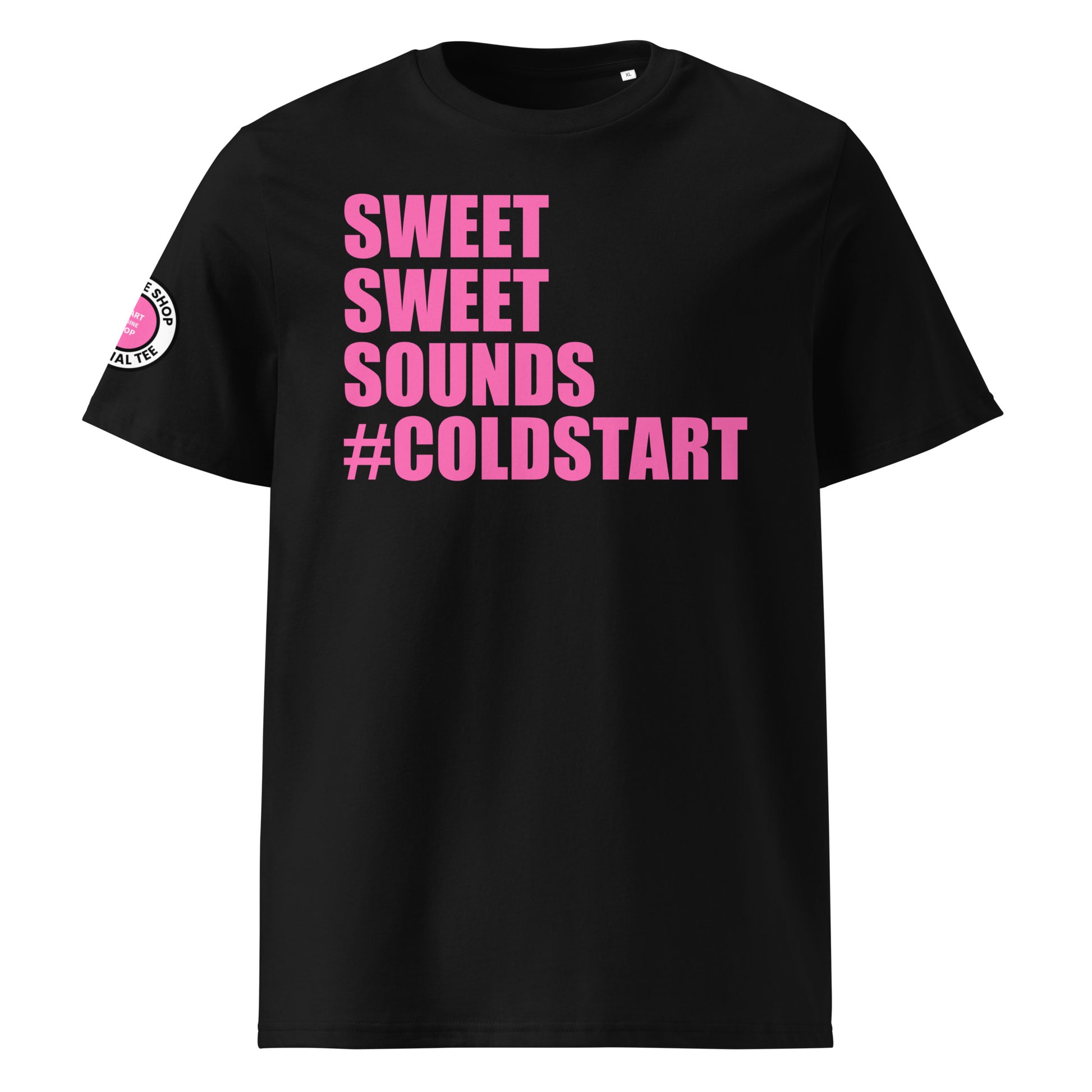 Front view of black unisex t-shirt with bold pink “SWEET SWEET SOUNDS #COLDSTART” slogan. DTF print, perfect for cold start fans, petrolheads, and car meet banter.
