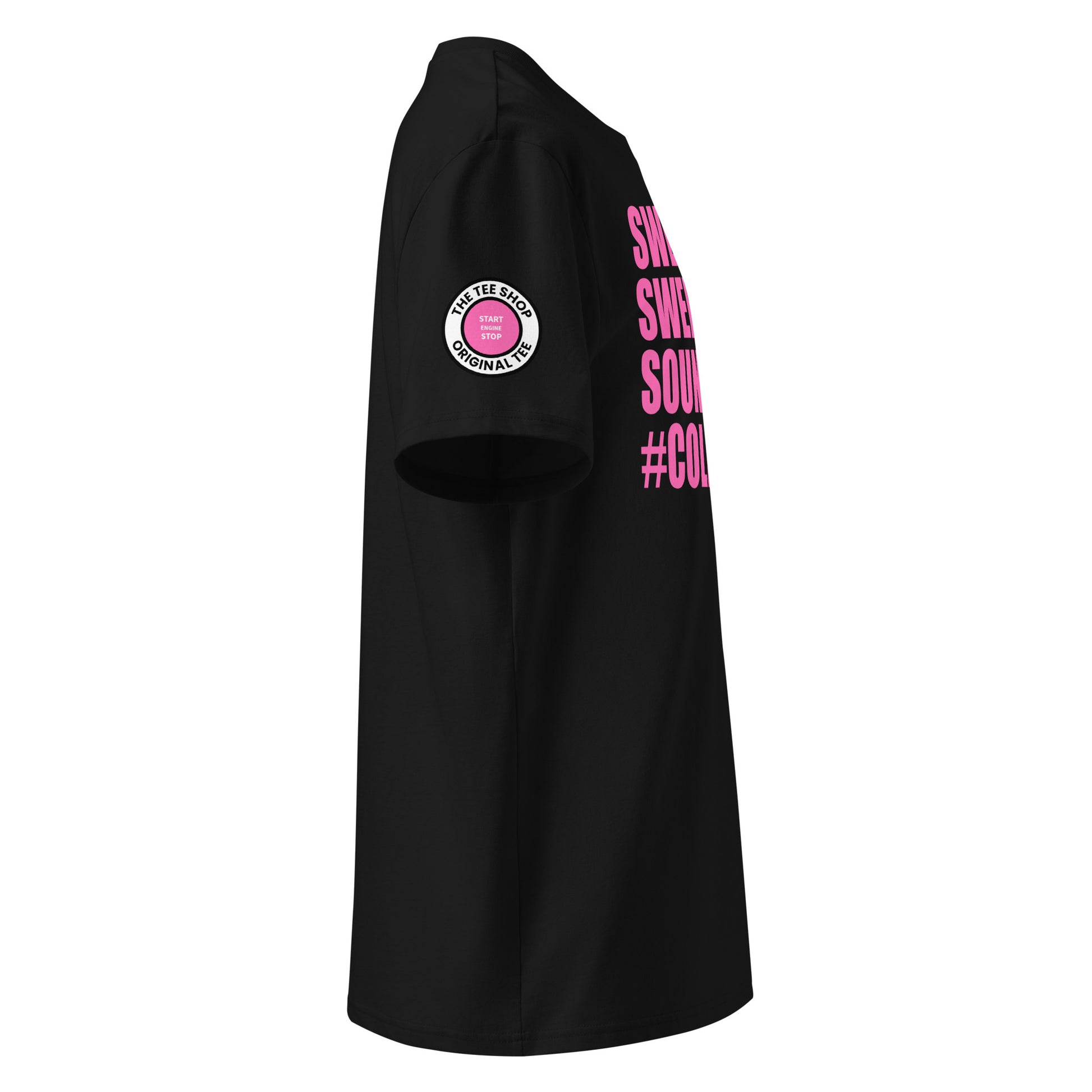 Right side view of black t-shirt showing The Tee Shop’s unique start/stop button logo on the sleeve and edge of the pink cold start slogan. DTF print, car culture and engine tribute.
